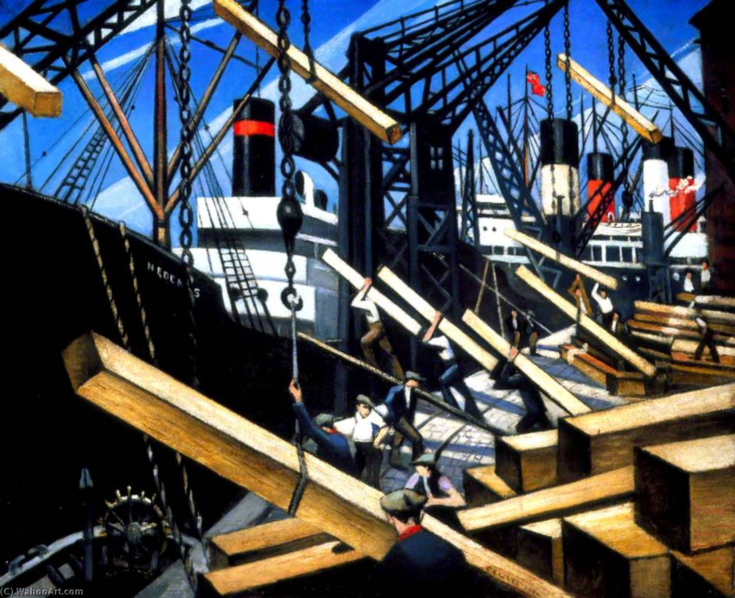 Wikioo.org - The Encyclopedia of Fine Arts - Painting, Artwork by Christopher Richard Wynne Nevinson - Loading Timber at Southampton Docks