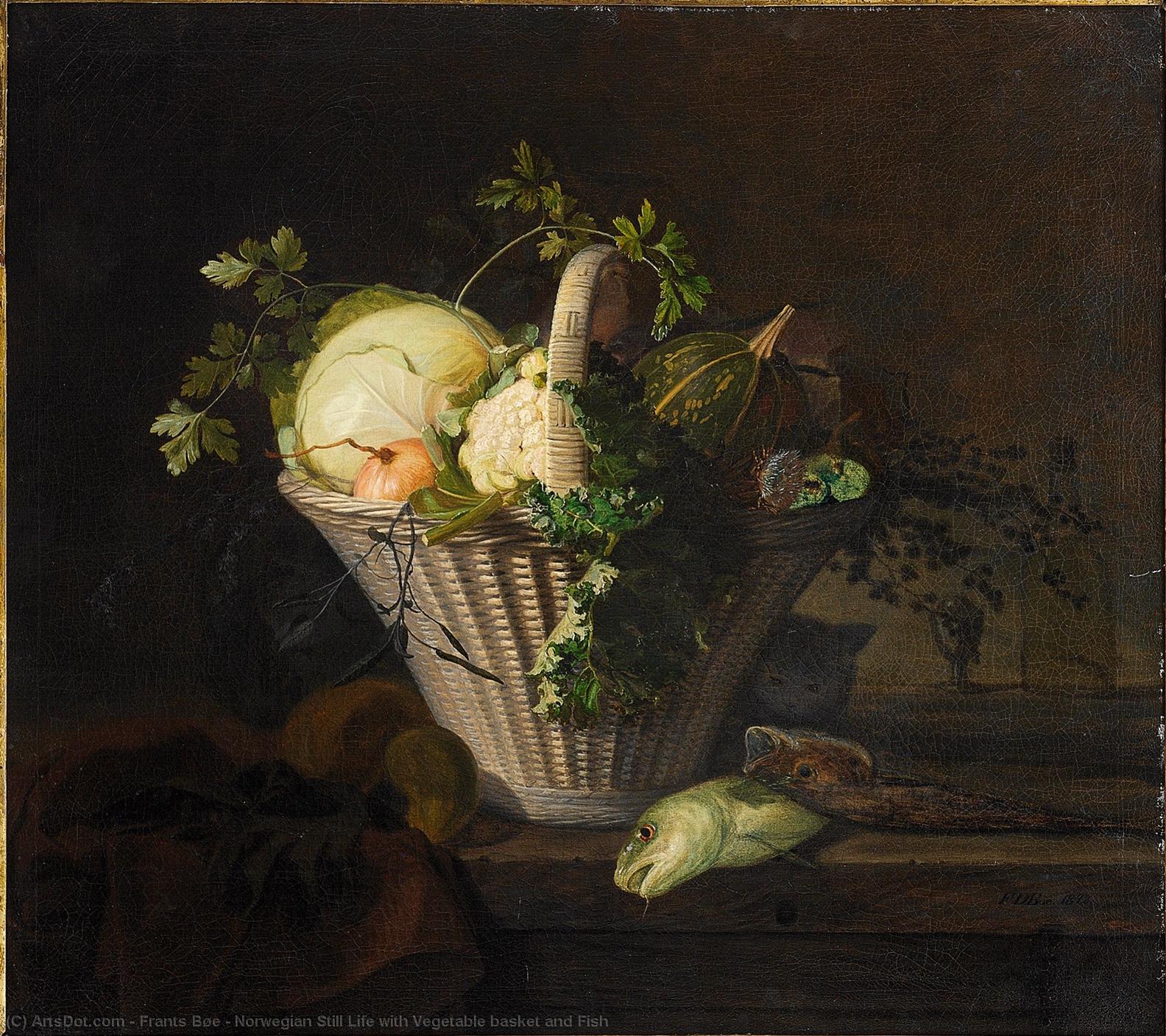 Wikioo.org - The Encyclopedia of Fine Arts - Painting, Artwork by Frants Bøe - Norwegian Still Life with Vegetable basket and Fish