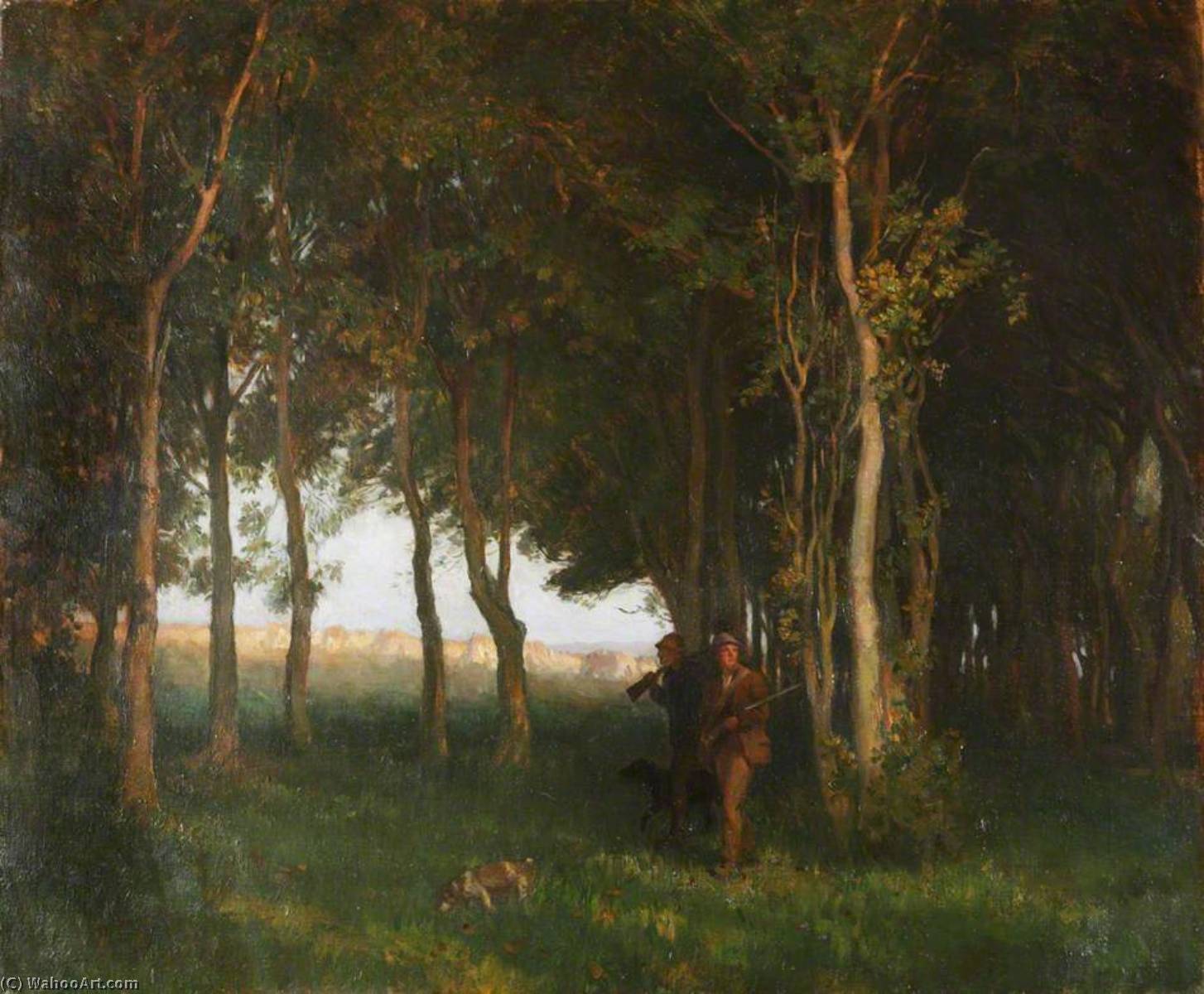 WikiOO.org - Encyclopedia of Fine Arts - Målning, konstverk Brian Hatton - Two 'Guns' in a Wood with a Dog