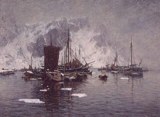 Wikioo.org - The Encyclopedia of Fine Arts - Painting, Artwork by Gunnar Berg - Fishing vessels at Reine, Lofoten, Norway
