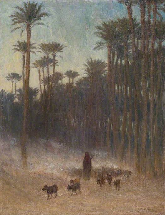 Wikioo.org - The Encyclopedia of Fine Arts - Painting, Artwork by Brian Hatton - Arab Women under Palms with Goats