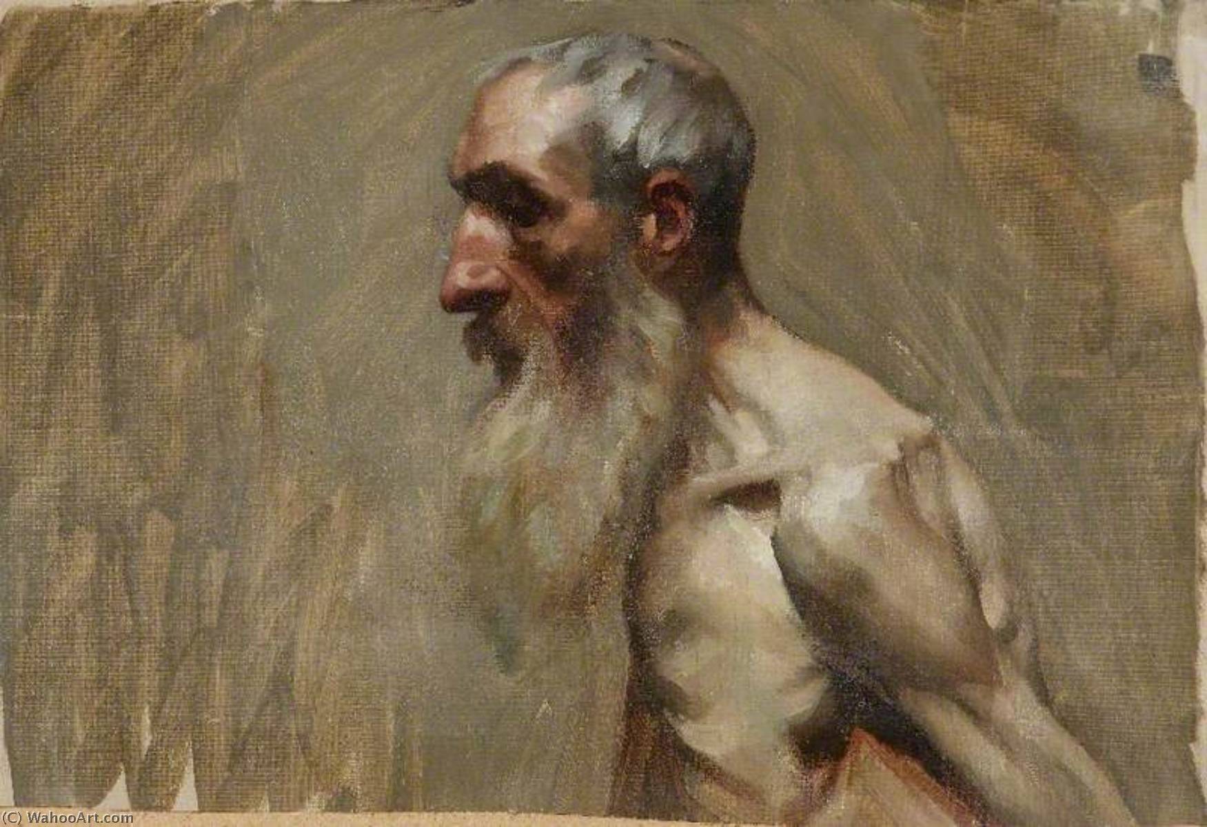 Wikioo.org - The Encyclopedia of Fine Arts - Painting, Artwork by Brian Hatton - Half Length Portrait of a Nude Man with a Beard