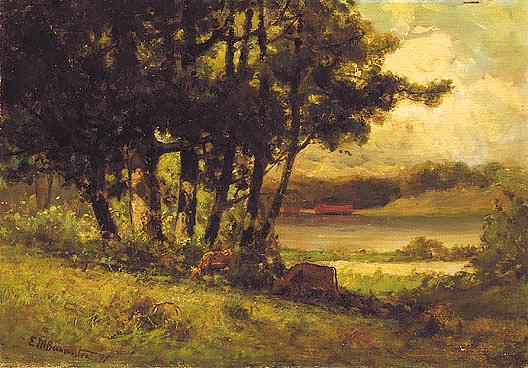 Wikioo.org - The Encyclopedia of Fine Arts - Painting, Artwork by Edward Mitchell Bannister - Untitled (landscape with cows grazing near river), (painting)