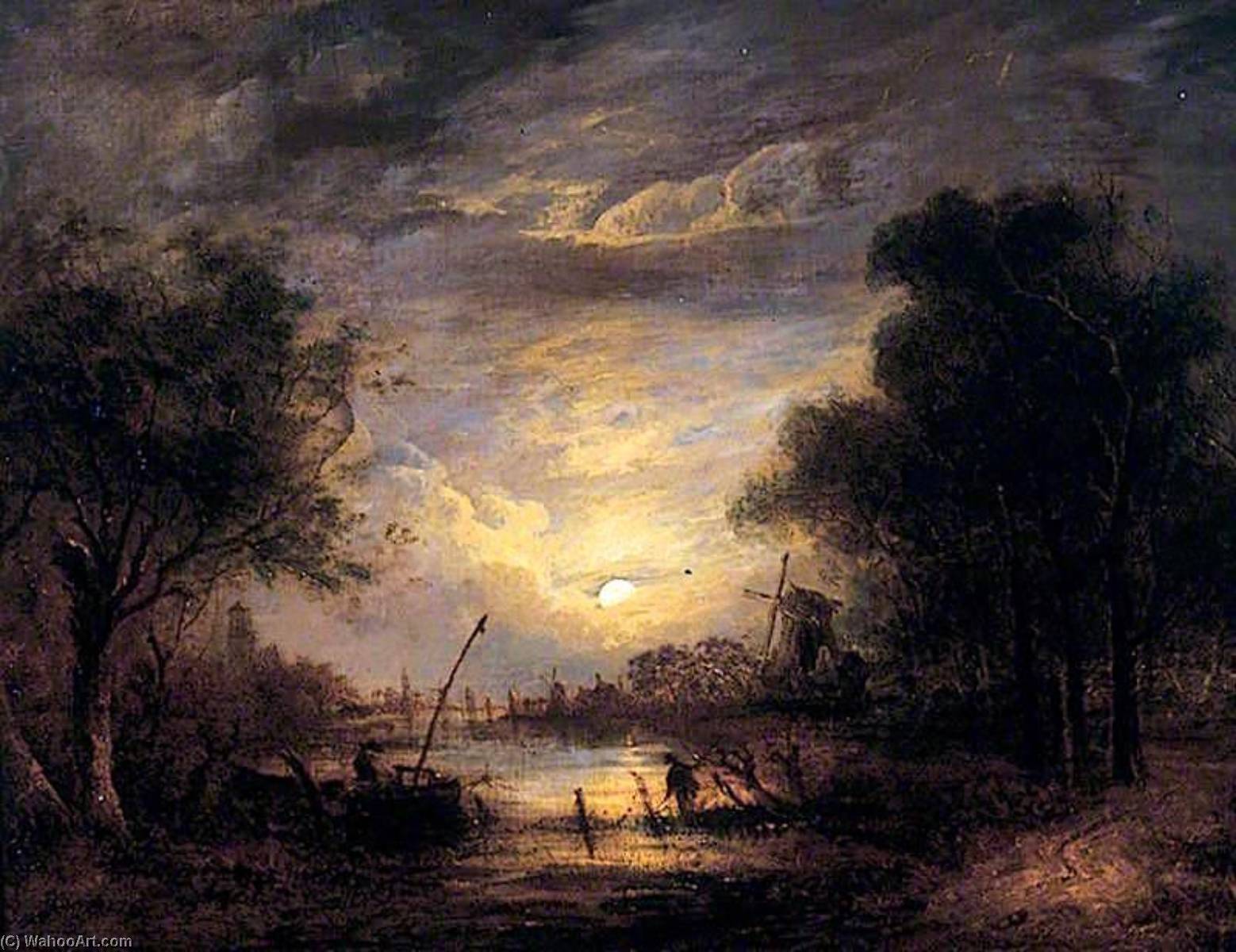 Wikioo.org - The Encyclopedia of Fine Arts - Painting, Artwork by John Berney Crome - Fishing by Moonlight at Sanderdorf, near the Brille, The Netherlands