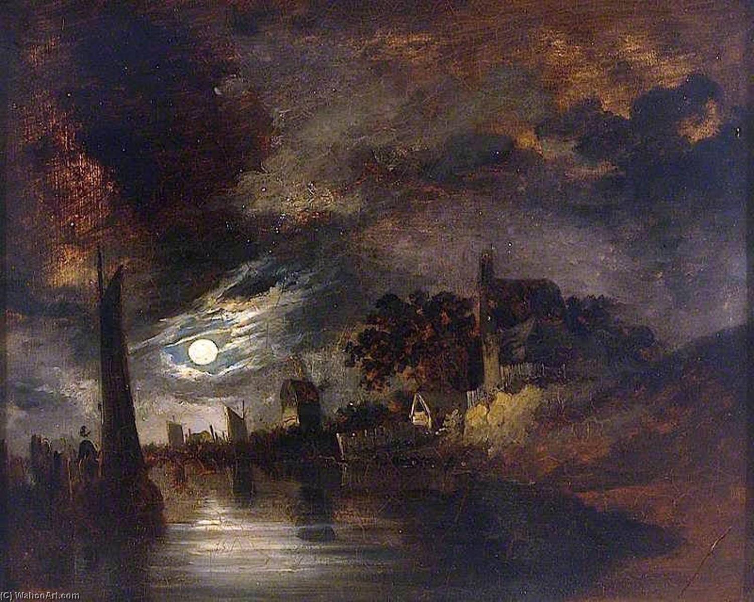 Wikioo.org - The Encyclopedia of Fine Arts - Painting, Artwork by John Berney Crome - Moonlight on the River at Norwich