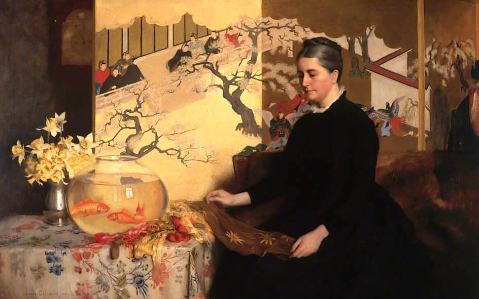 Wikioo.org - The Encyclopedia of Fine Arts - Painting, Artwork by James Cadenhead - Lady with a Japanese Screen and Goldfish