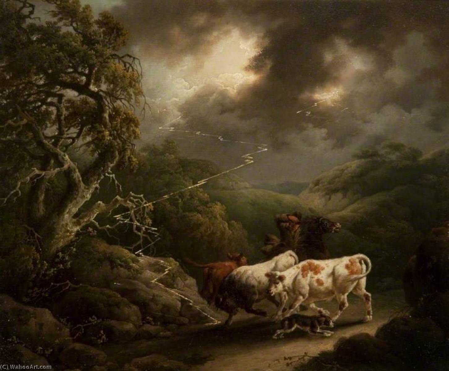 WikiOO.org – 美術百科全書 - 繪畫，作品 Philip Jacques De Loutherbourg - 骑手 和  牛  在  一个  雷暴