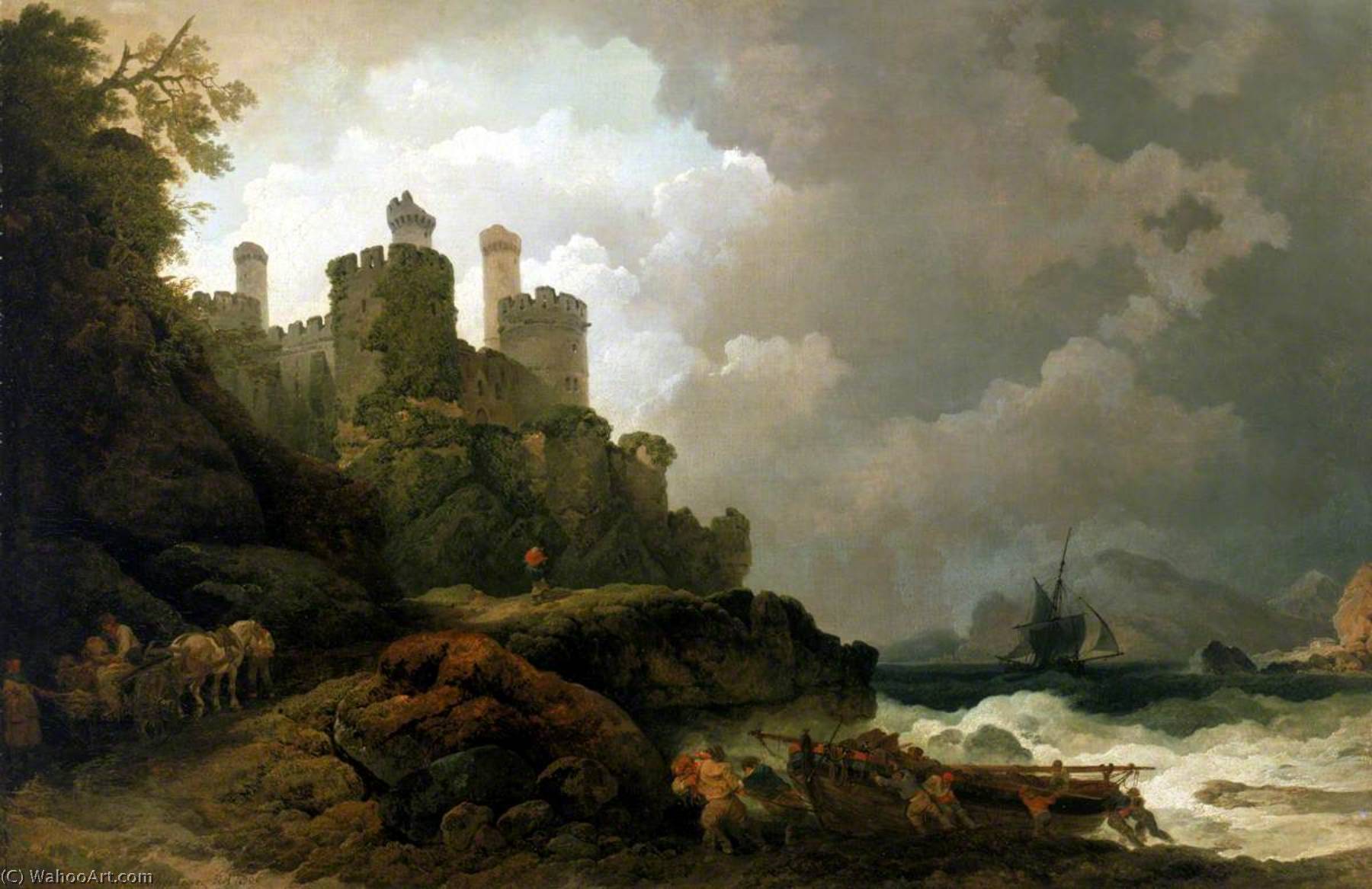 Wikioo.org - The Encyclopedia of Fine Arts - Painting, Artwork by Philip Jacques De Loutherbourg - A Fishing Boat Brought Ashore near Conway Castle