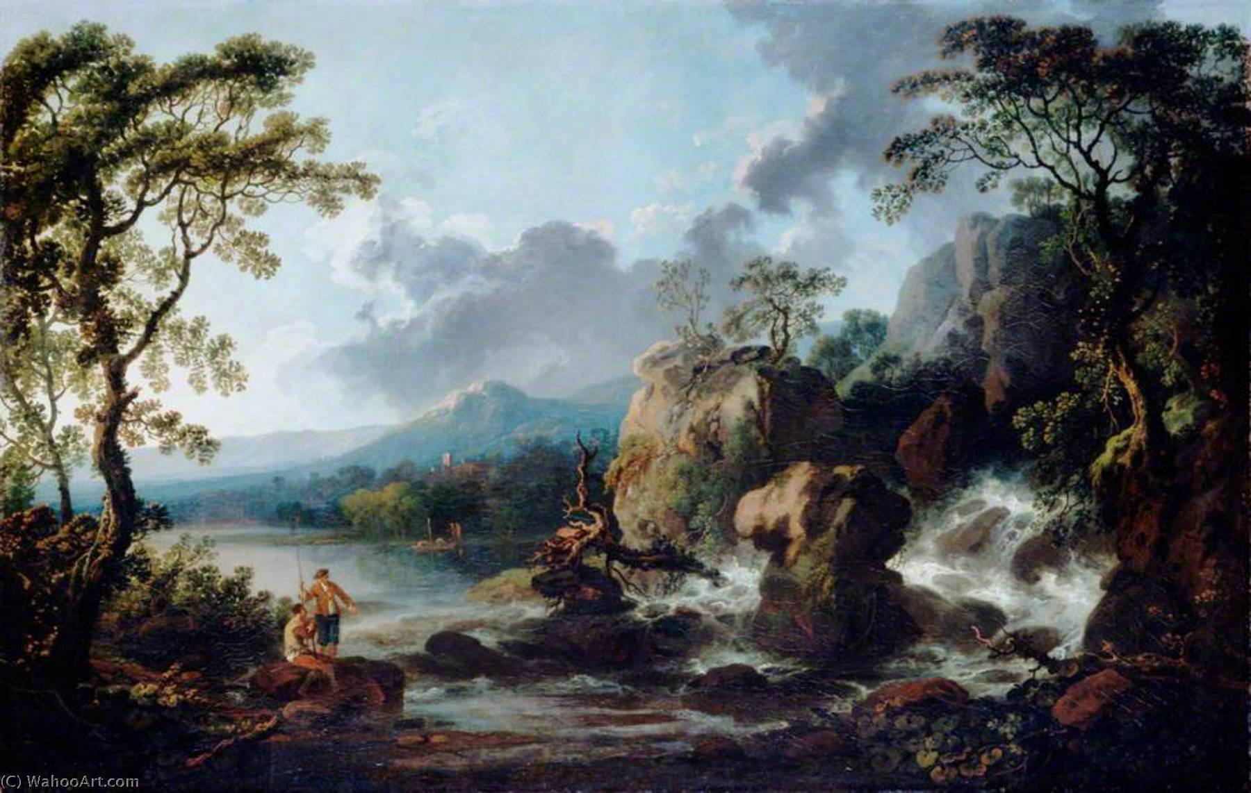 Wikioo.org - The Encyclopedia of Fine Arts - Painting, Artwork by Philip Jacques De Loutherbourg - Landscape, Fishermen by a Waterfall