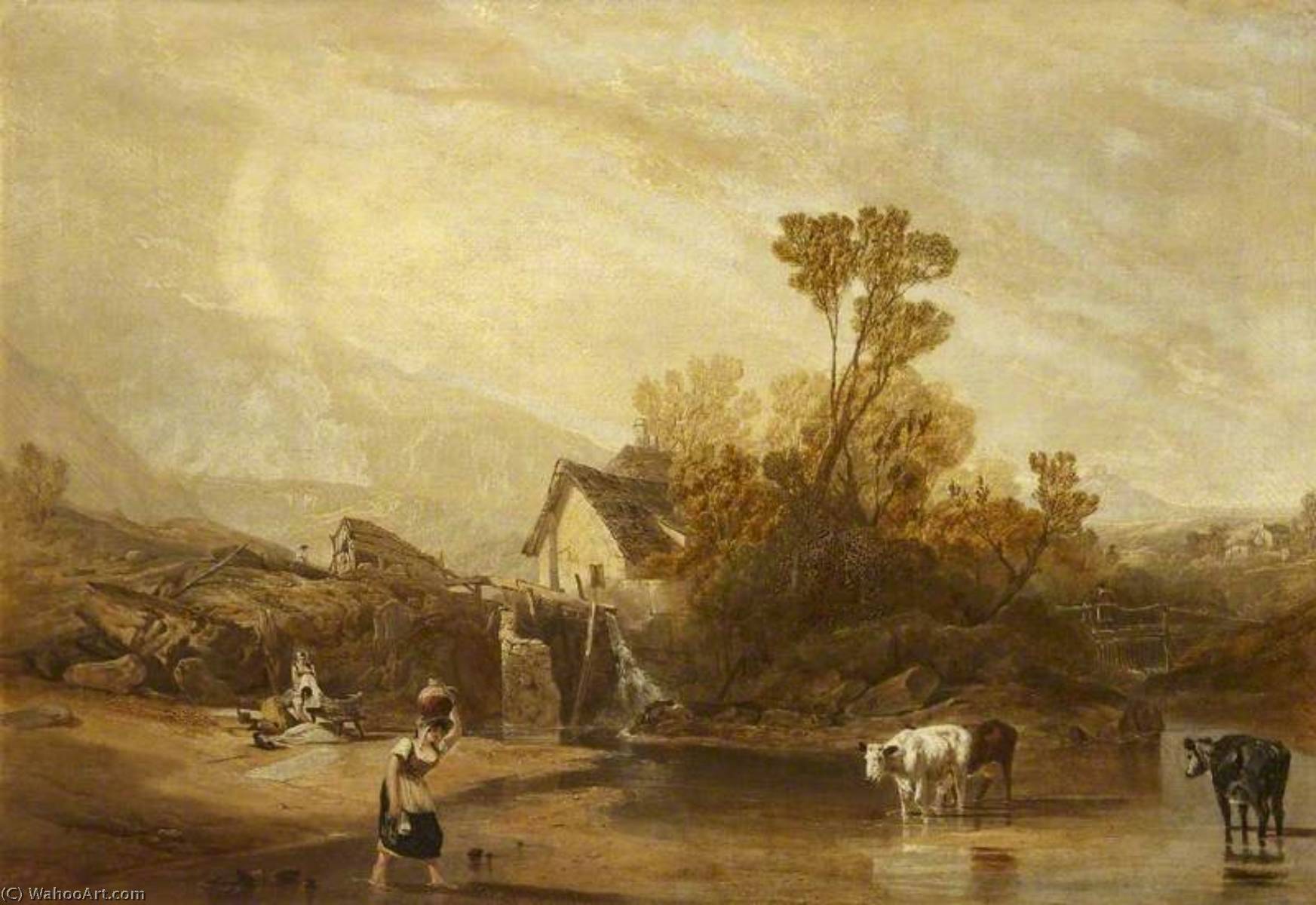 Wikioo.org - The Encyclopedia of Fine Arts - Painting, Artwork by Augustus Wall Callcott - A Mill near Llangollen