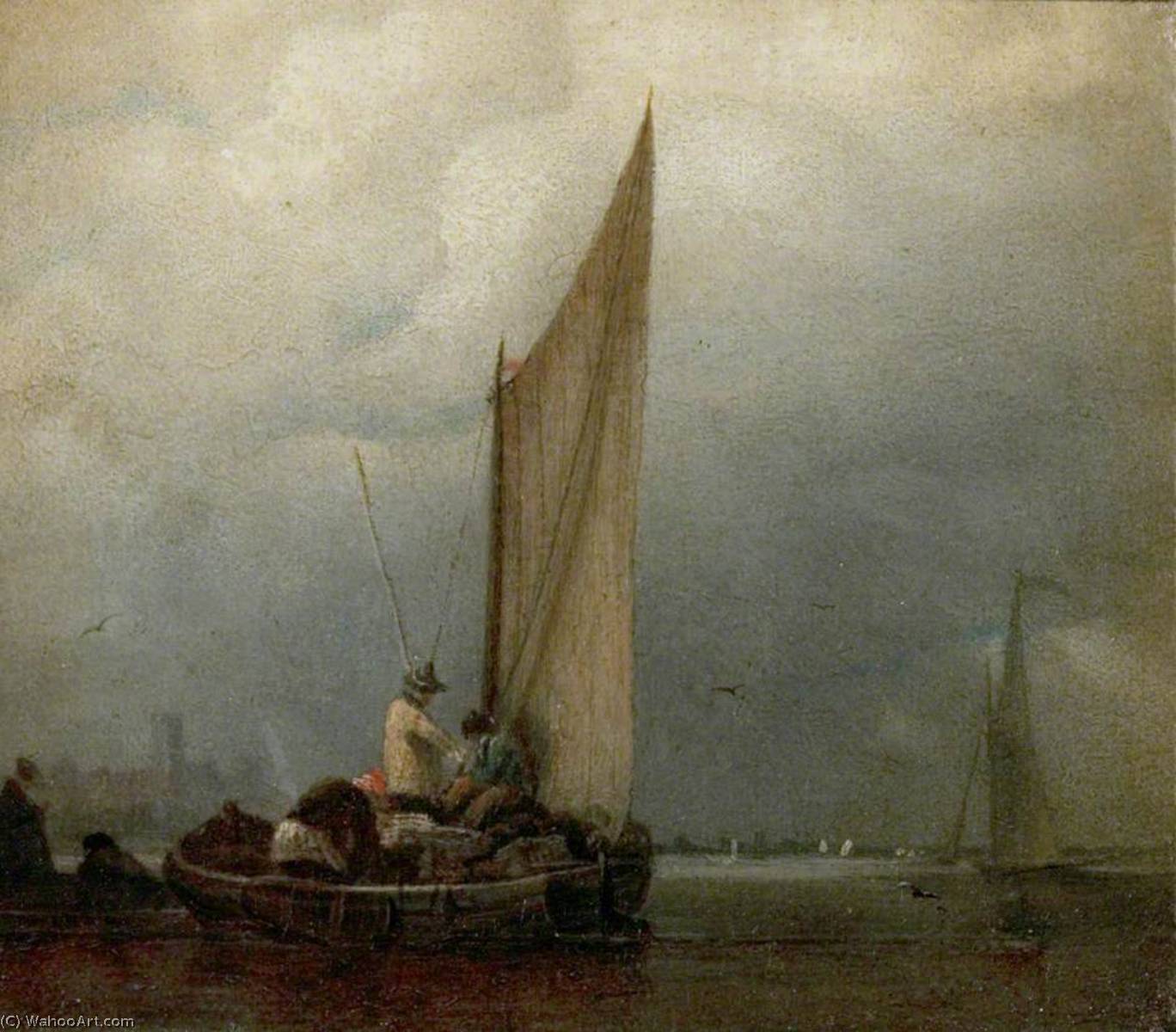 Wikioo.org - The Encyclopedia of Fine Arts - Painting, Artwork by Augustus Wall Callcott - A River Scene with Barges