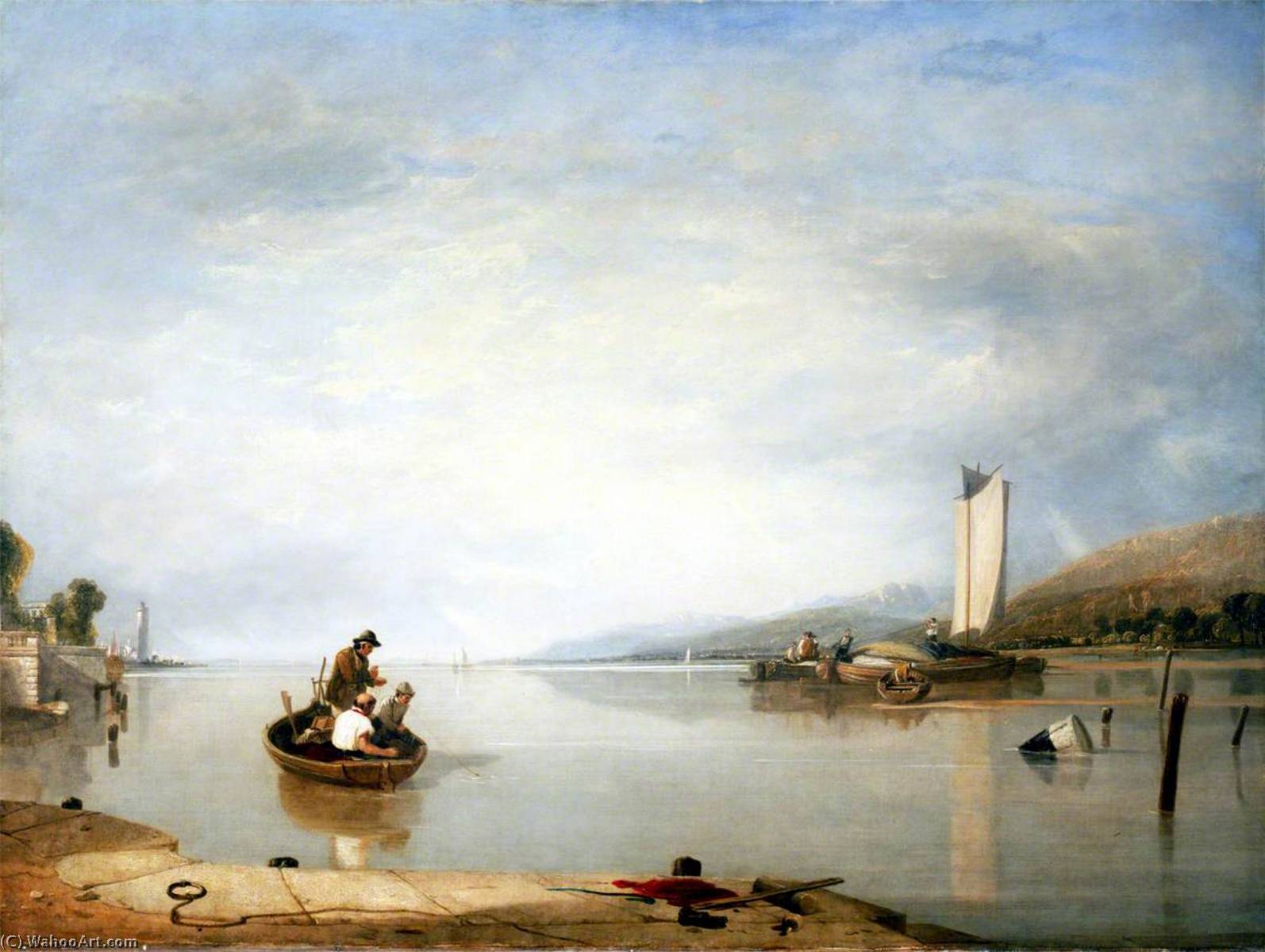 Wikioo.org - The Encyclopedia of Fine Arts - Painting, Artwork by Augustus Wall Callcott - Dead Calm Boats off Cowes Castle