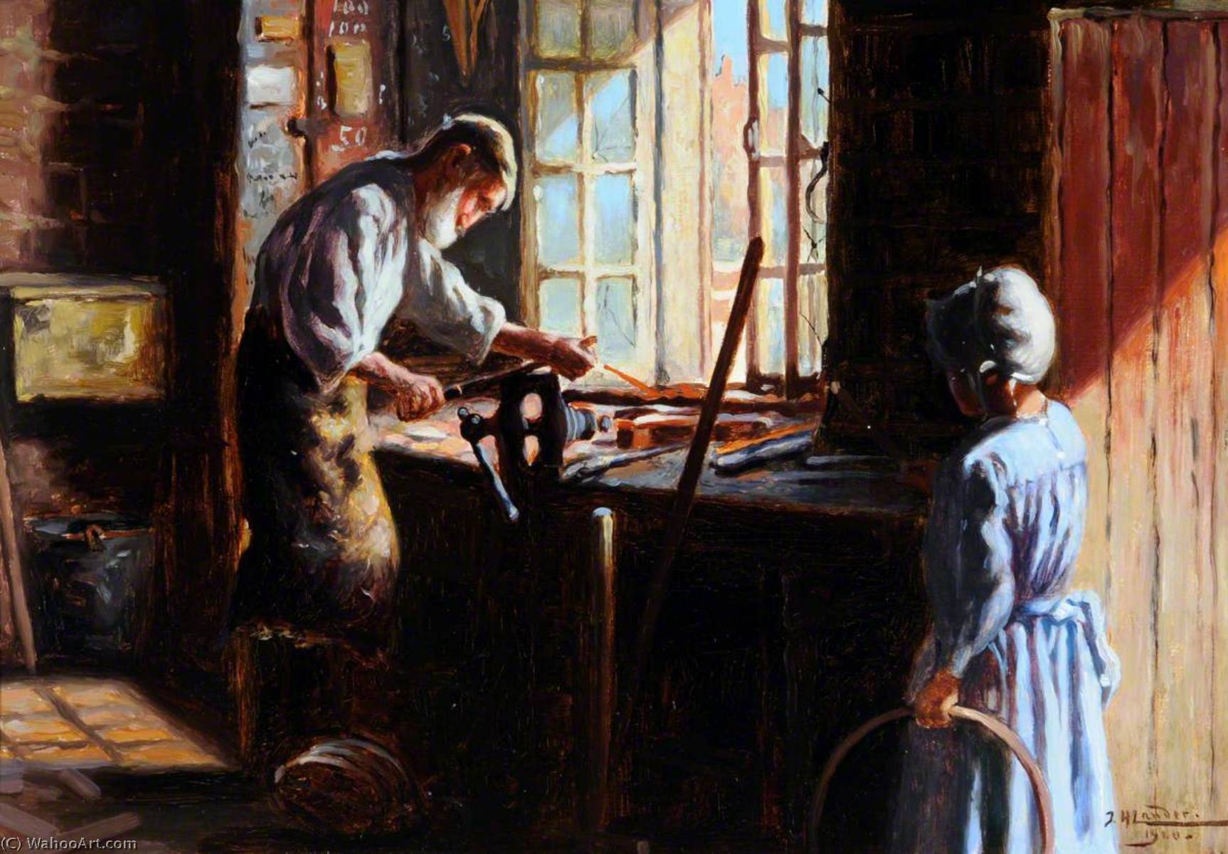 Wikioo.org - The Encyclopedia of Fine Arts - Painting, Artwork by John Saint Helier Lander - The Blacksmith (Interior of a Workshop with Figures)