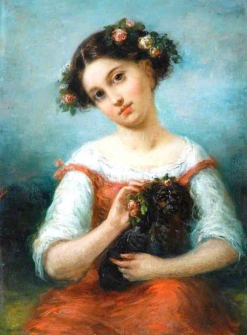 Wikioo.org - The Encyclopedia of Fine Arts - Painting, Artwork by Pierre Joseph Dedreux Dorcy - Girl Crowned with Roses, Holding a Dog