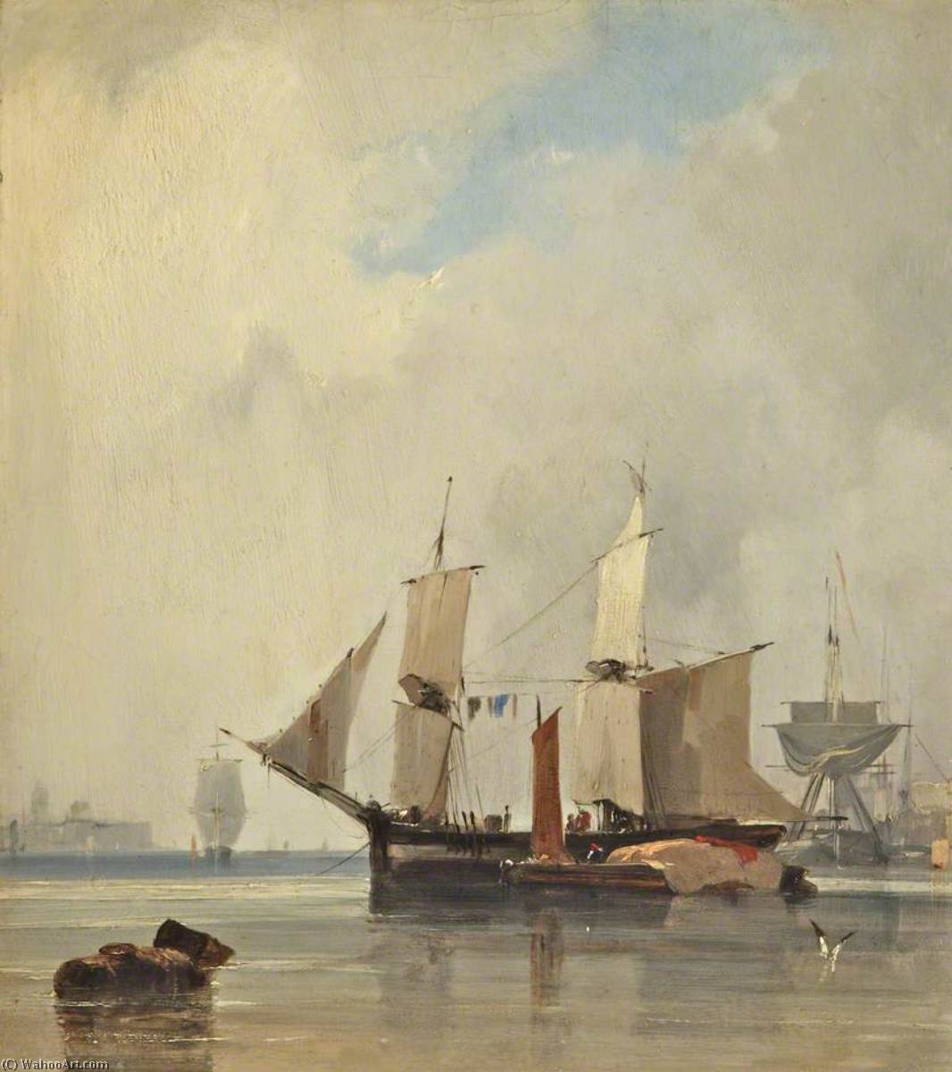 WikiOO.org - Encyclopedia of Fine Arts - Lukisan, Artwork Richard Parkes Bonington - Fishing Boats in a Calm, Ships at Anchor