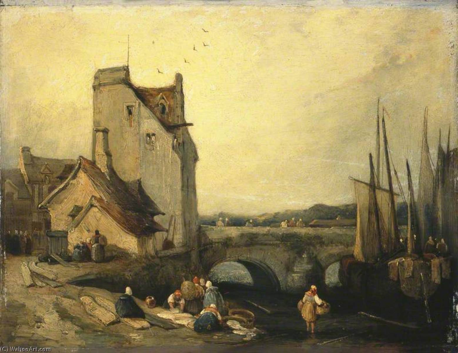 Wikioo.org - The Encyclopedia of Fine Arts - Painting, Artwork by Richard Parkes Bonington - View in Brittany Bridge, Cottages and Washerwomen
