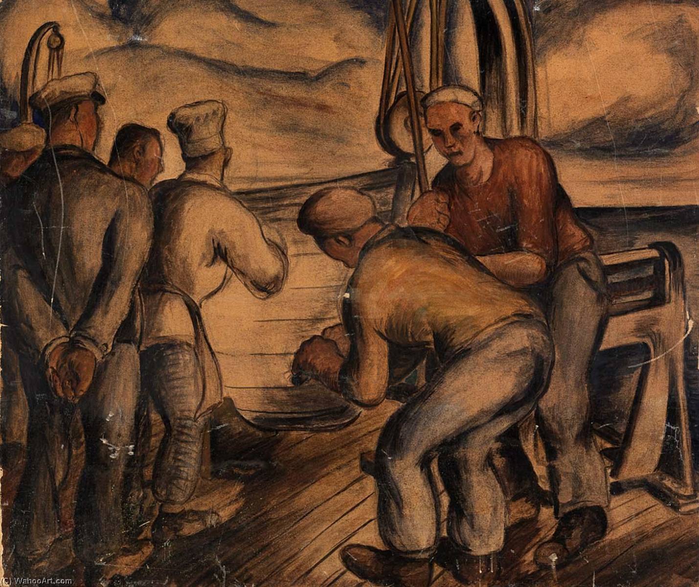 Wikioo.org - The Encyclopedia of Fine Arts - Painting, Artwork by Kenneth Callahan - Life Boat Drill (mural study, Seattle, Washington Marine Hospital)