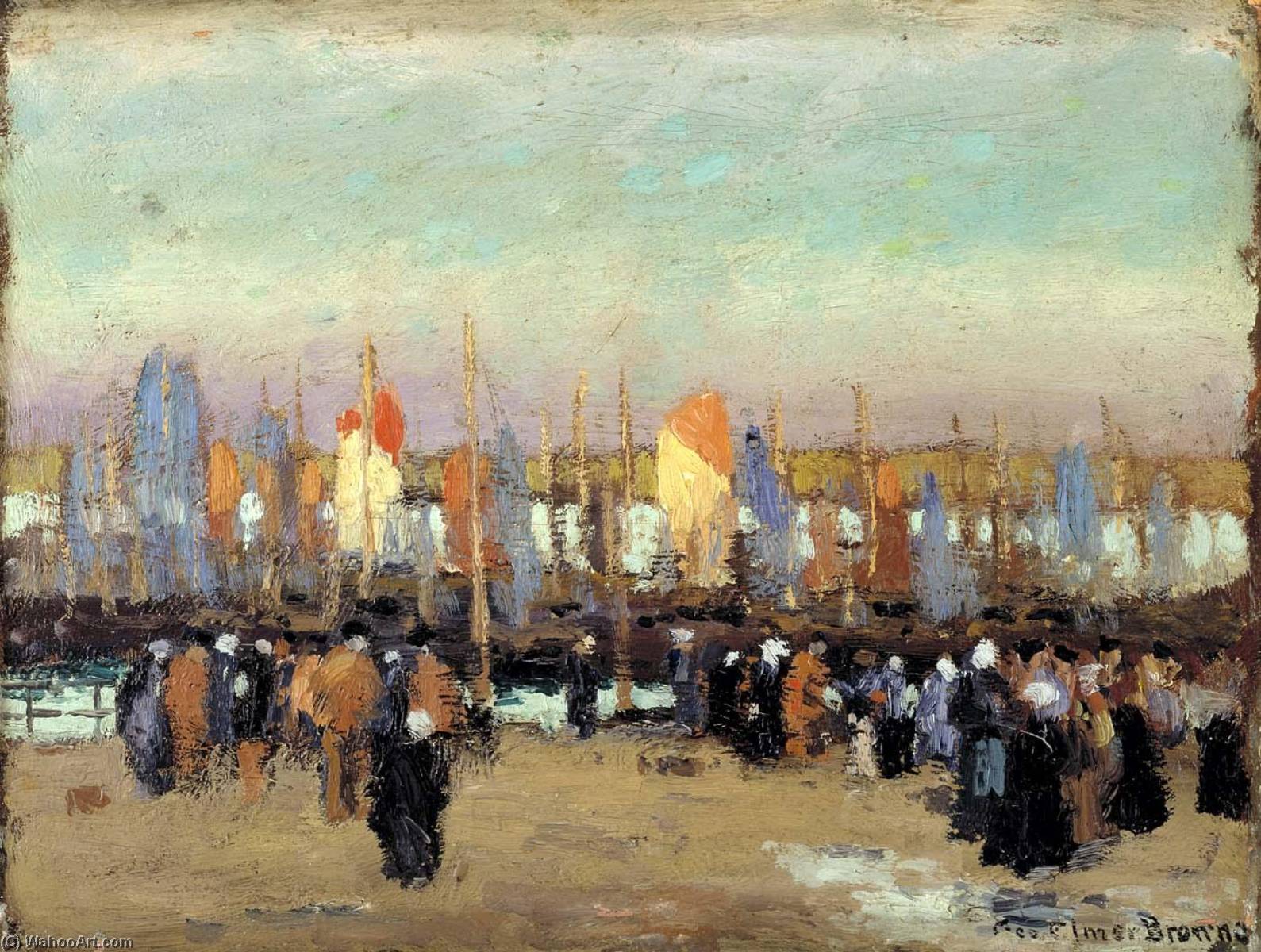 Wikioo.org – La Enciclopedia de las Bellas Artes - Pintura, Obras de arte de George Elmer Browne - Escena del puerto enestado  pesca  Barcos