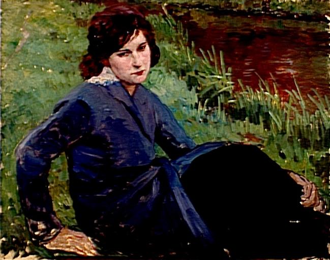 WikiOO.org - Encyclopedia of Fine Arts - Maalaus, taideteos Lothar Von Seebach - S'uschénie Mädchen im Gras ( Das Eulalia ) (Titre attribué) Portrait de femme assise (Sous titre)