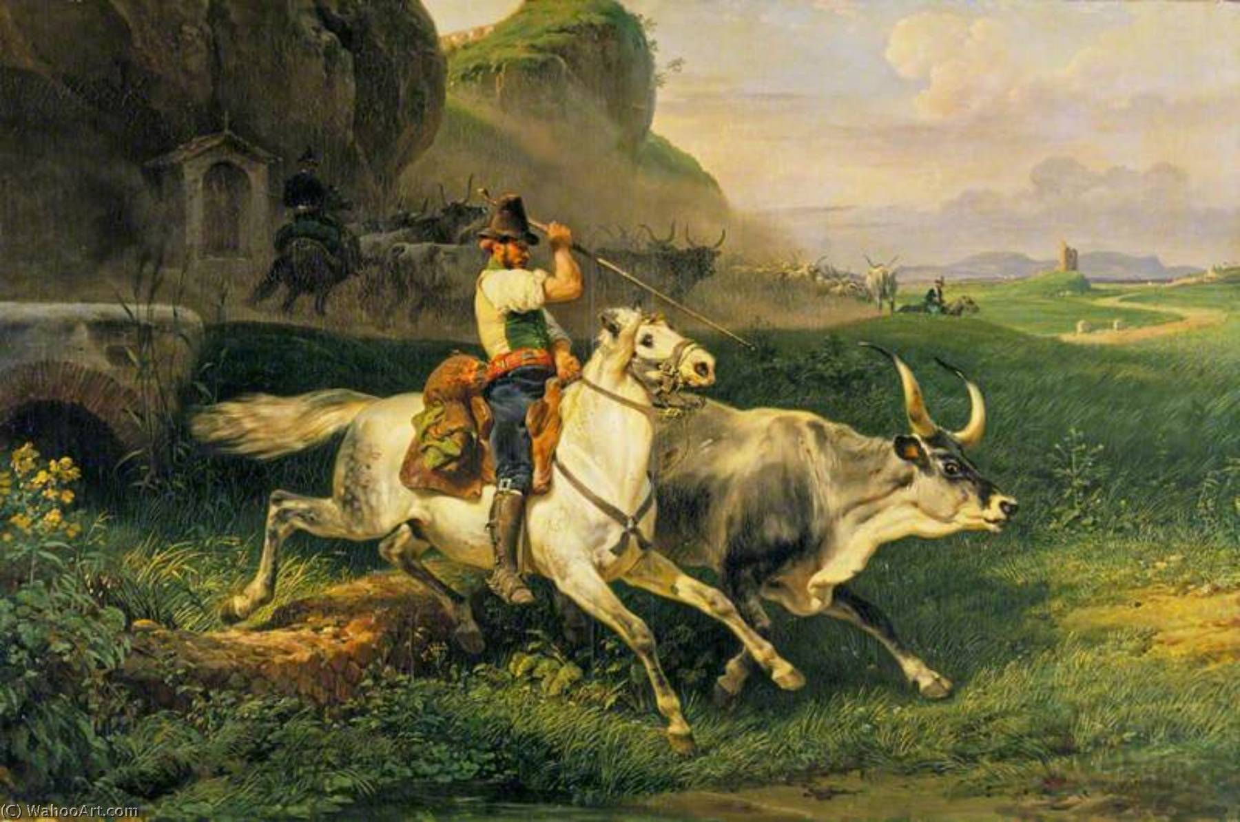 Wikioo.org - The Encyclopedia of Fine Arts - Painting, Artwork by Emile Jean Horace Vernet - A Roman Herdsman Driving Cattle