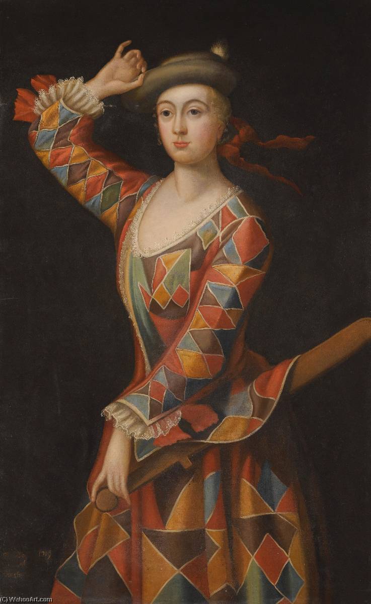 Wikioo.org - The Encyclopedia of Fine Arts - Painting, Artwork by John Ellys - Portrait of Mrs. Hester Booth, nee Santlow (c.1690–1773) dressed as a Harlequin