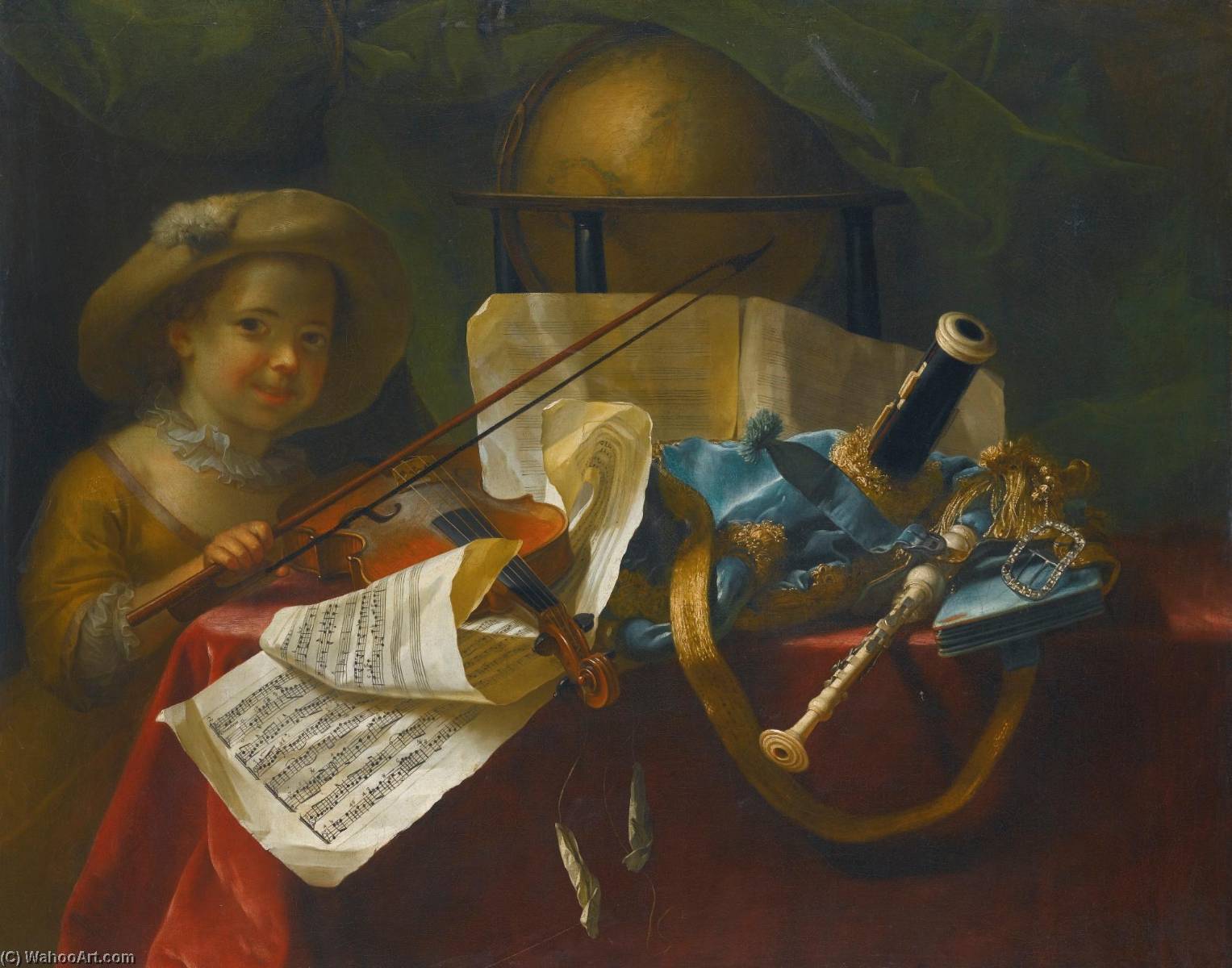 Wikioo.org - The Encyclopedia of Fine Arts - Painting, Artwork by Nicolas Henry Jeaurat De Bertry - A still life of pipes, a globe, an engraved musical score of a French overture and a violin on a table draped with a red cloth, a young girl looking on