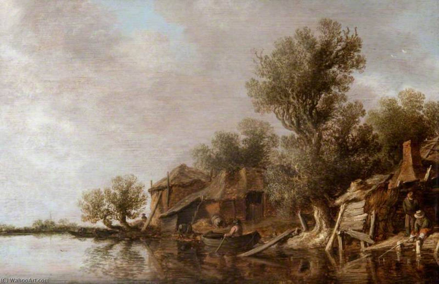 Wikioo.org - The Encyclopedia of Fine Arts - Painting, Artwork by Jan Van Goyen - Cottages and Fishermen by a River