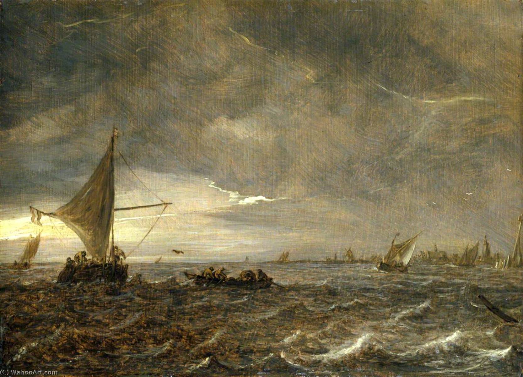 Wikioo.org - The Encyclopedia of Fine Arts - Painting, Artwork by Jan Van Goyen - Fishing Boats in an Estuary at Dusk