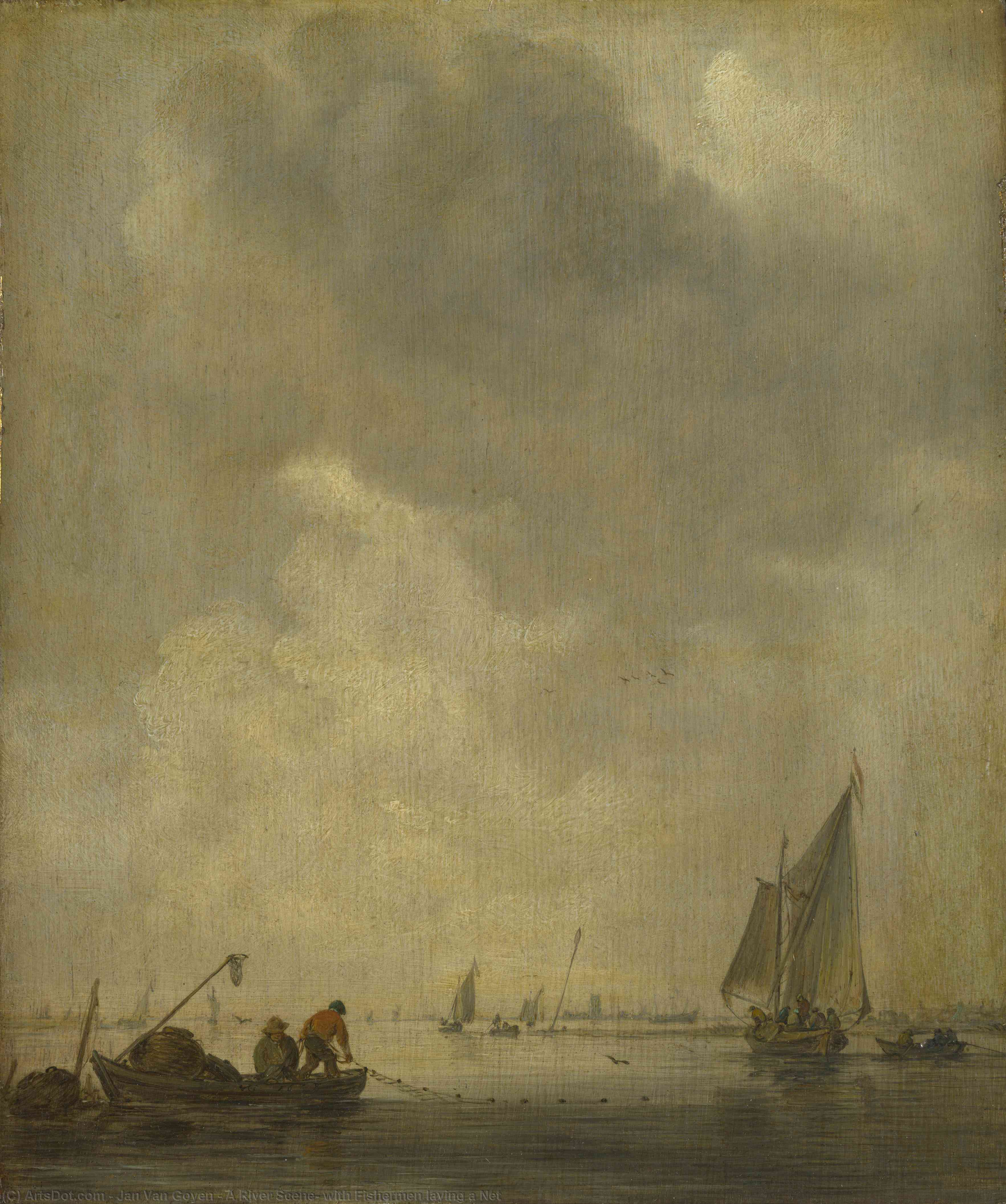 Wikioo.org - The Encyclopedia of Fine Arts - Painting, Artwork by Jan Van Goyen - A River Scene, with Fishermen laying a Net
