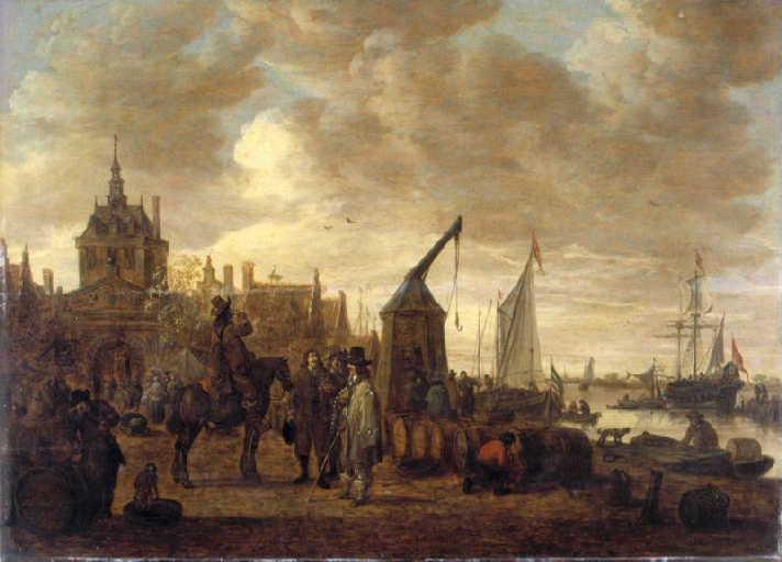 Wikioo.org - The Encyclopedia of Fine Arts - Painting, Artwork by Jan Van Goyen - Marchands de vin et dégustateur à cheval sur un quai à Dordrecht