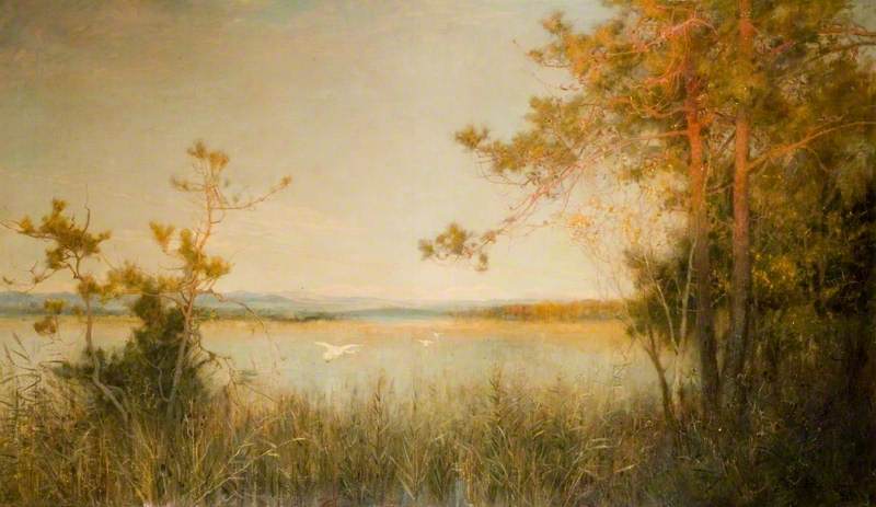 WikiOO.org - Encyclopedia of Fine Arts - Lukisan, Artwork Alfred East - Reedy Mere and Sunlit Hills