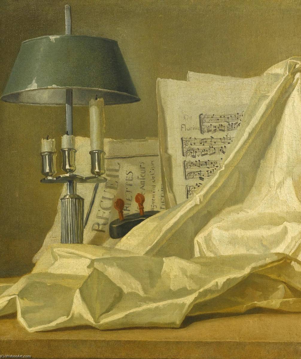 Wikioo.org - The Encyclopedia of Fine Arts - Painting, Artwork by Henri Horace Roland De La Porte - A still life with a bouillette lamp, a sheet of music, a violin and a white satin cloth on a stone ledge