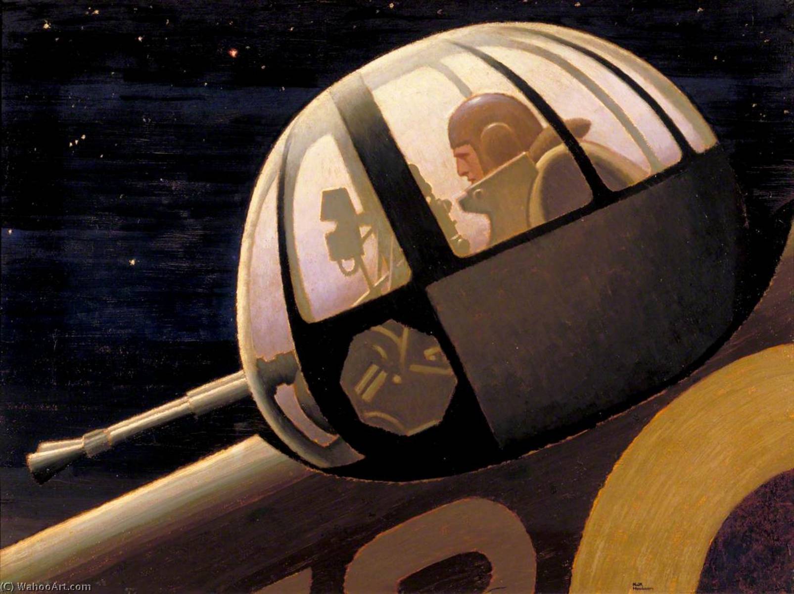 Wikioo.org - The Encyclopedia of Fine Arts - Painting, Artwork by Keith Henderson - Night An Air Gunner in Action Turret