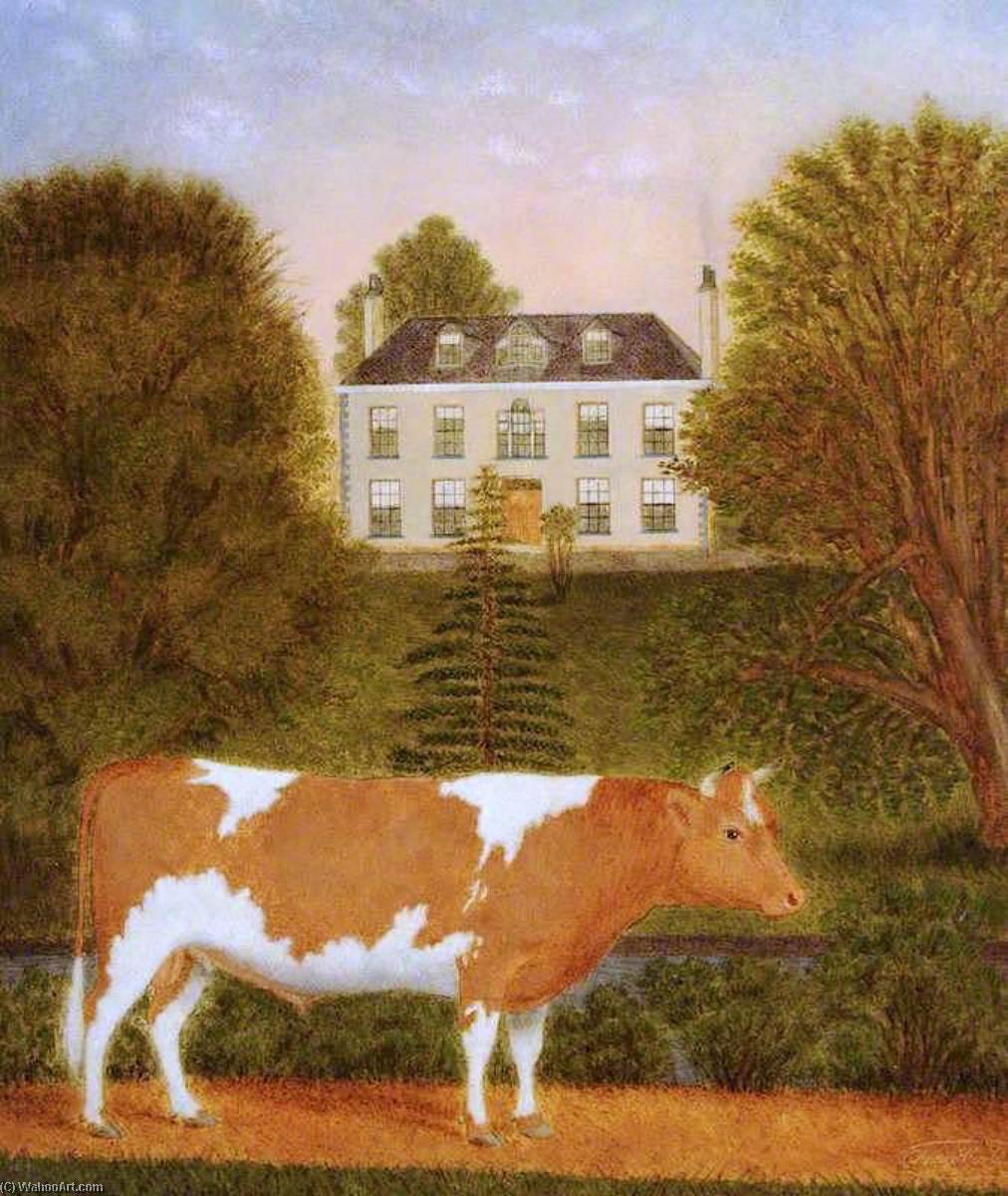 Wikioo.org - The Encyclopedia of Fine Arts - Painting, Artwork by Denys Corbet - Guernsey Bull in front of Manoir de Pierre Percee
