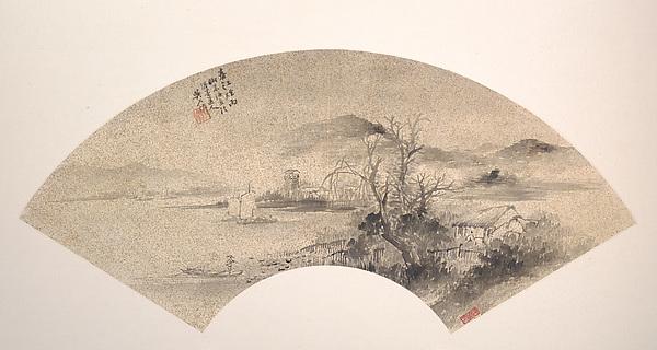 WikiOO.org - Encyclopedia of Fine Arts - Lukisan, Artwork Wu Shixian - 近代 吳石僊 春江煙雨 扇面 Misty Rain on the River in Spring