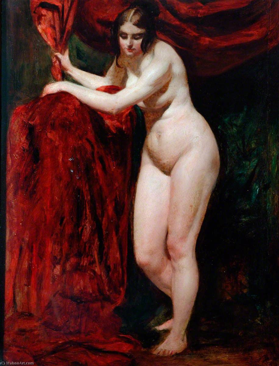 Wikioo.org - The Encyclopedia of Fine Arts - Painting, Artwork by William Etty - Nude Woman, Holding Red Drapery