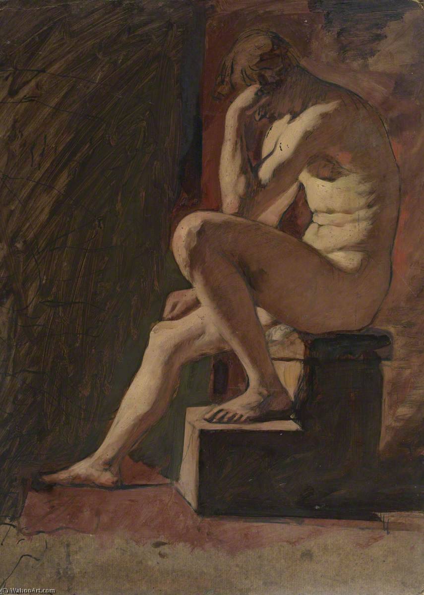 Wikioo.org - The Encyclopedia of Fine Arts - Painting, Artwork by William Etty - Seated Male Nude, Head Resting against Hand, Left Foot Resting on Block (recto)