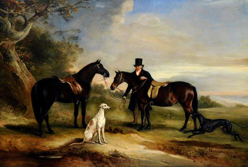 WikiOO.org - Encyclopedia of Fine Arts - Festés, Grafika John E Ferneley I - A Groom (Frank Spence) with Two Ponies and Two Greyhounds in a Landscape