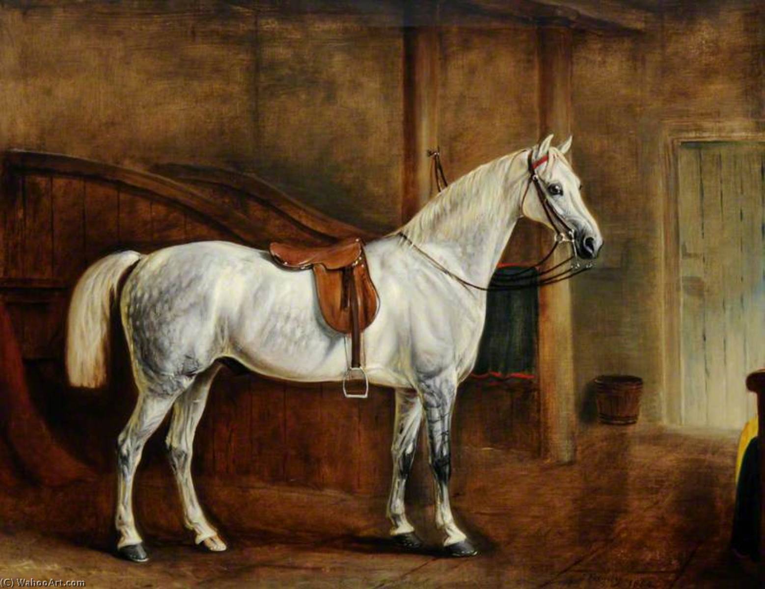 Wikioo.org - The Encyclopedia of Fine Arts - Painting, Artwork by John E Ferneley I - A Saddled Grey Hunter in a Loose Box