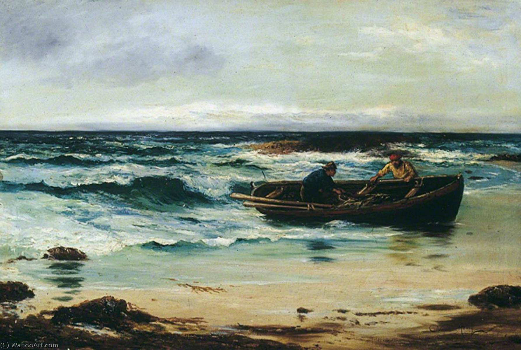 WikiOO.org - Encyclopedia of Fine Arts - Lukisan, Artwork Charles Napier Hemy - Fishermen Landing Catch on the Shore