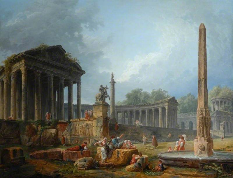 Wikioo.org - The Encyclopedia of Fine Arts - Painting, Artwork by Hubert Robert - Architectural Capriccio with Obelisk
