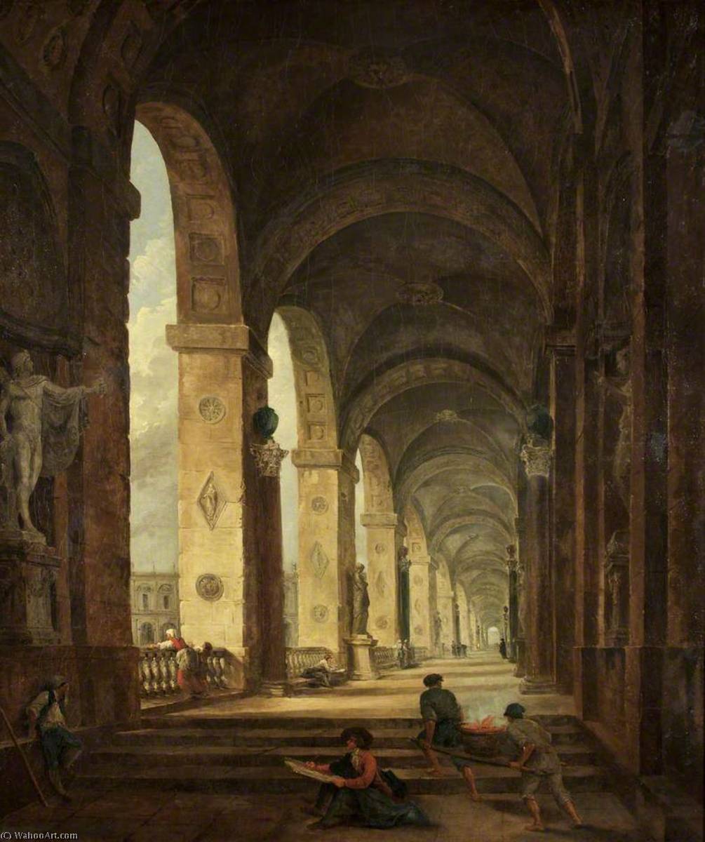 Wikioo.org – La Enciclopedia de las Bellas Artes - Pintura, Obras de arte de Hubert Robert - Un capricho  todaclasede  Romano  arquitectura