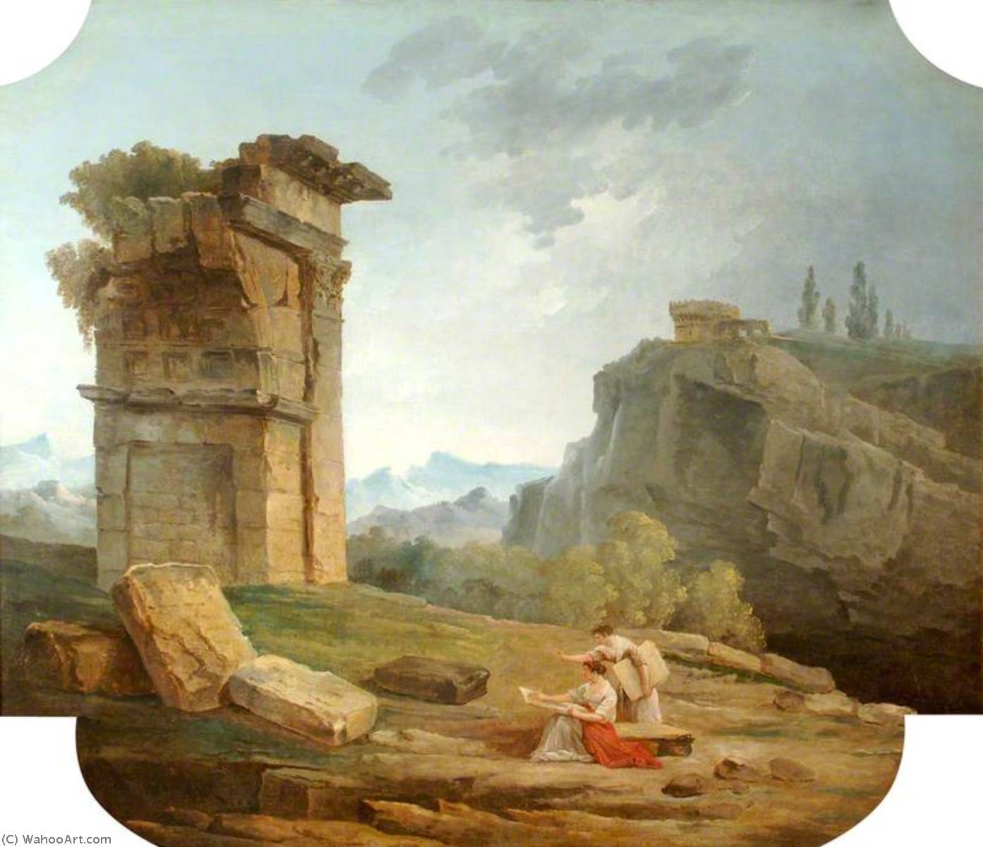 WikiOO.org - אנציקלופדיה לאמנויות יפות - ציור, יצירות אמנות Hubert Robert - Classical Landscape with Two Women Sketching