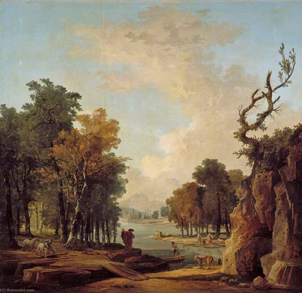Wikioo.org - The Encyclopedia of Fine Arts - Painting, Artwork by Hubert Robert - Wooded River Landscape with a Traveller, a Barking Dog, a Horseman, and Women Washing at an Islet