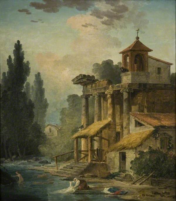 Wikioo.org - The Encyclopedia of Fine Arts - Painting, Artwork by Hubert Robert - A Caprice with a Hermitage