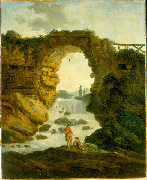 Wikioo.org - สารานุกรมวิจิตรศิลป์ - จิตรกรรม Hubert Robert - Cascade sous un pont en ruine