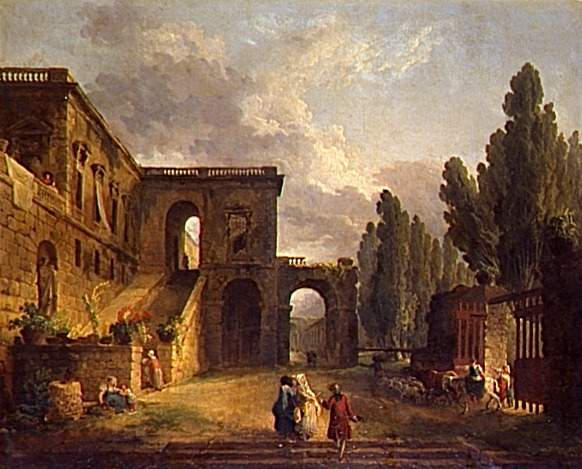 Wikioo.org - The Encyclopedia of Fine Arts - Painting, Artwork by Hubert Robert - Paysage. Le retour du troupeau, sur un fond de palais italien