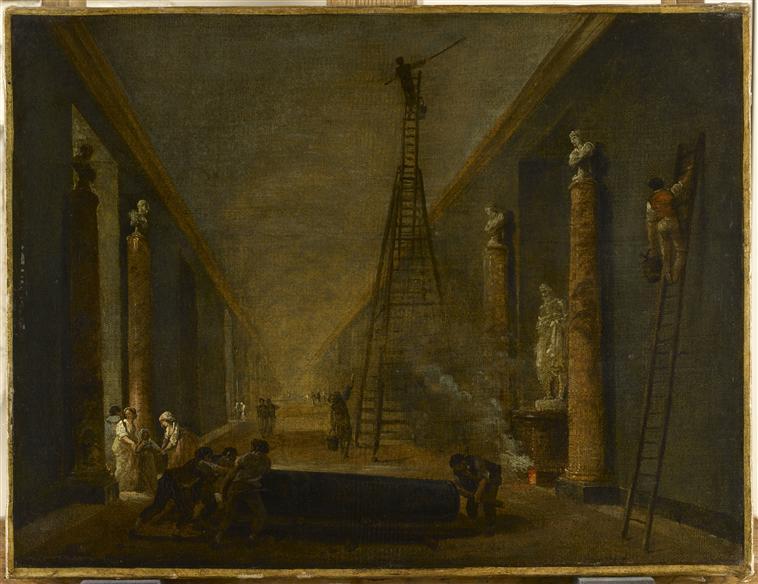 Wikioo.org - The Encyclopedia of Fine Arts - Painting, Artwork by Hubert Robert - LA GRANDE GALERIE DU LOUVRE EN COURS DE RESTAURATION VERS 1798, 1799