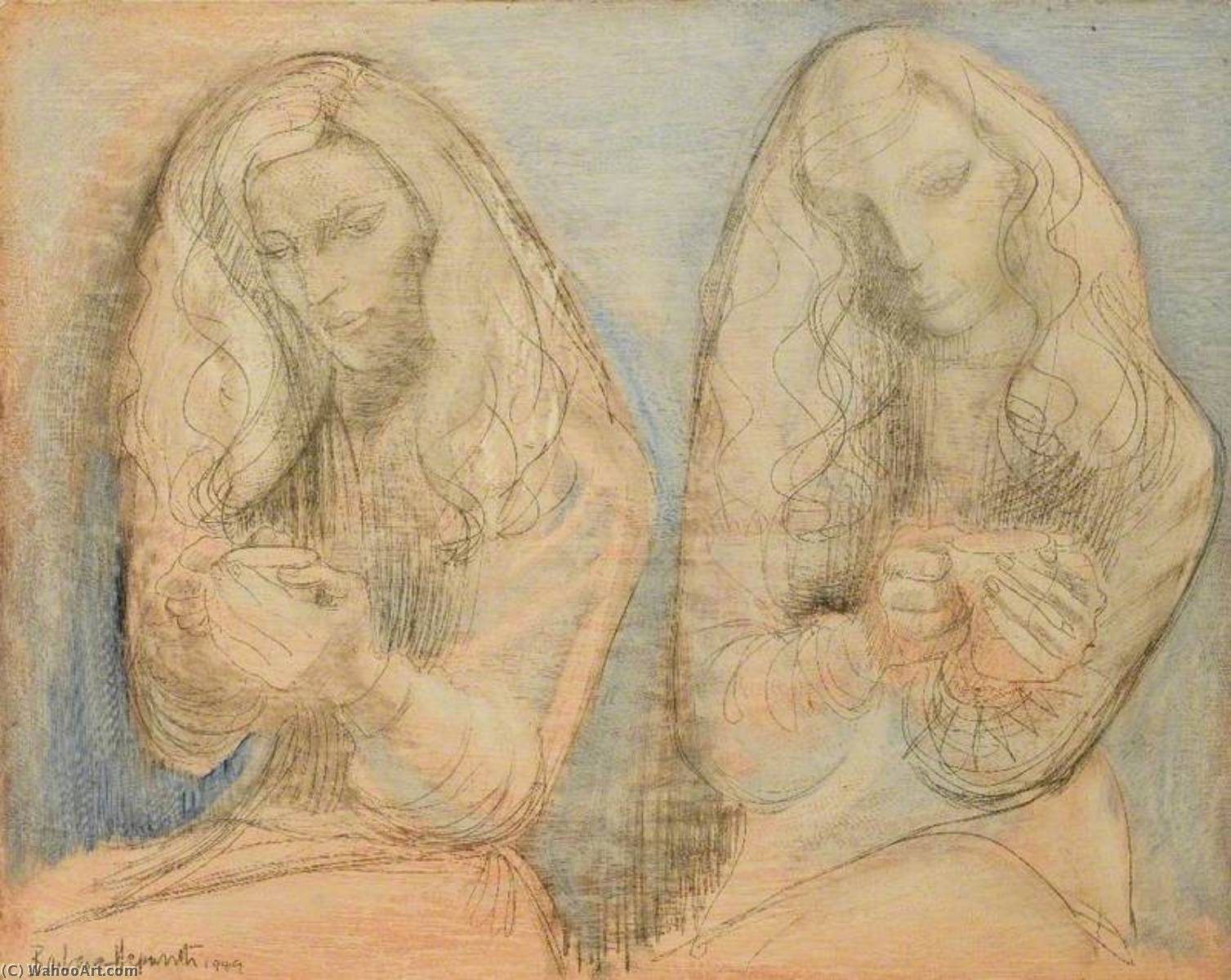 Wikioo.org – L'Enciclopedia delle Belle Arti - Pittura, Opere di Dame Barbara Hepworth - due ragazze con  tazze da tè