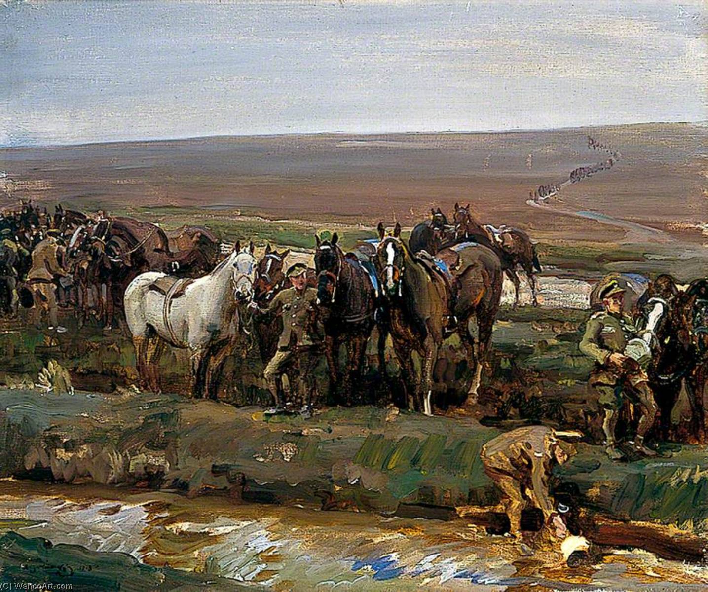 Wikioo.org - The Encyclopedia of Fine Arts - Painting, Artwork by Alfred James Munnings - Watering Horses, Canadian Troops in France, 1917